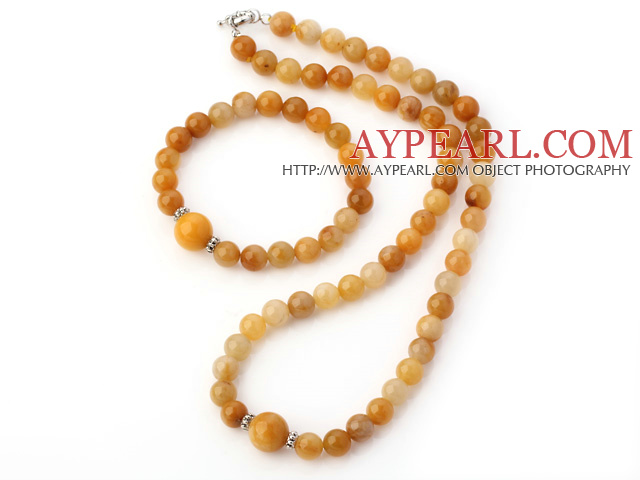 Nice Natural Round Yellow Jade Beaded Necklace With Matched Elastic Bracelet Jewelry Set