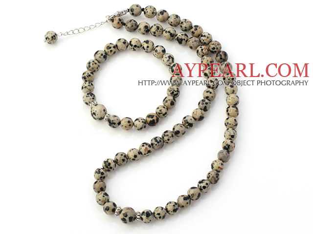 Trevlig Natural Round Black Spot sten pärlstav halsband med matchande Elastic Armband Smycken Set
