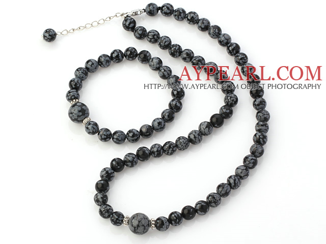 Fashion Natural Round Snowflake Stone Beaded Necklace With Matched Elastic Bracelet Jewelry Set