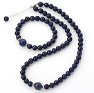 Fashion Natural Round Lapis Stone Beaded Necklace With Matched Elastic Bracelet Jewelry Set
