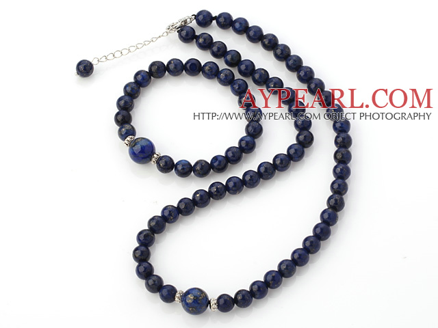 Fashion Natural Round Lapis Stone Beaded Necklace With Matched Elastic Bracelet Jewelry Set