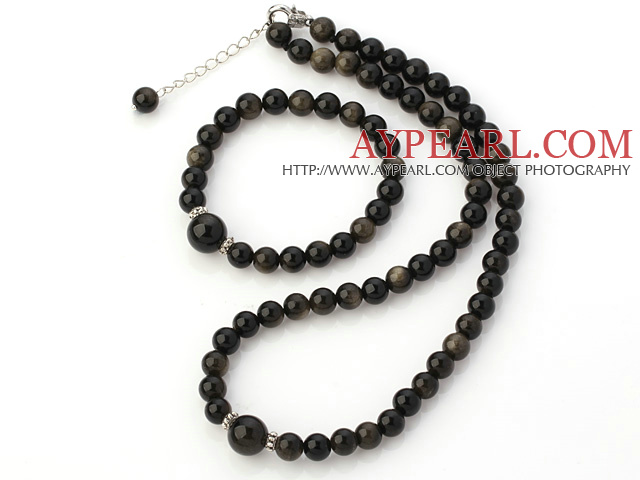 Fashion Natural Round Obsidian Stone Beaded Necklace With Matched Elastic Bracelet Jewelry Set