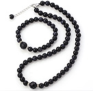 Fashion Natural Round Blue Sandstone Beaded Necklace With Matched Elastic Bracelet Jewelry Set