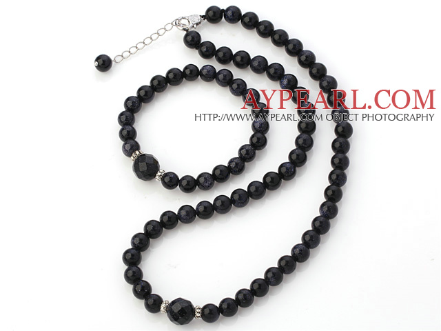 Fashion Natural Round Blue Sandstone Beaded Necklace With Matched Elastic Bracelet Jewelry Set