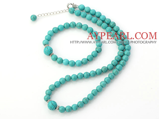 Fashion Natural Round Turquoise Beaded Necklace With Matched Elastic Bracelet Jewelry Set