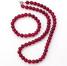 Fashion Natural 8mm Round Rose Agate Beaded Necklace With Matched Elastic Bracelet Jewelry Set