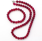 Wholesale Fashion Natural 8mm Round Rose Agate Beaded Necklace With Matched Elastic Bracelet Jewelry Set