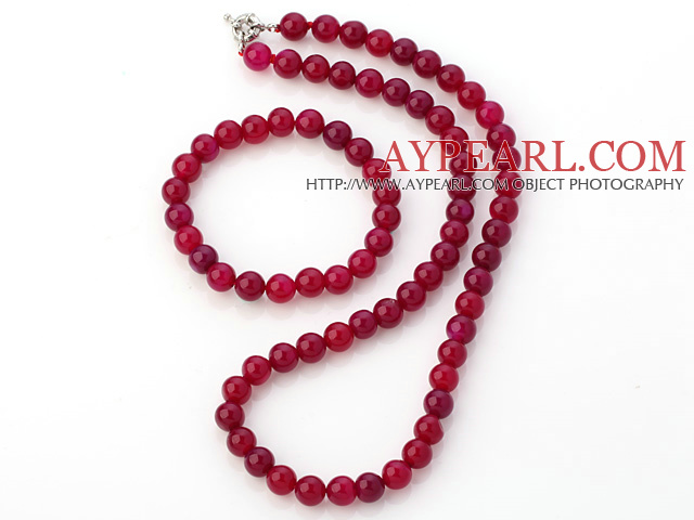 Fashion Natural 8mm Round Rose Agate Beaded Necklace With Matched Elastic Bracelet Jewelry Set