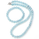 Wholesale Nice Natural A Grade 8mm Round Aquamarine Beaded Necklace With Matched Elastic Bracelet Jewelry Set