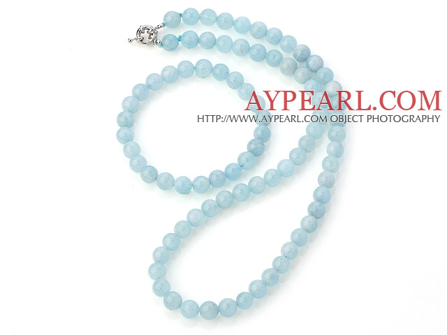 Nice Naturlig En Grade 8mm runde Aquamarine Beaded halskjede med matchet Elastisk armbånd smykker Set