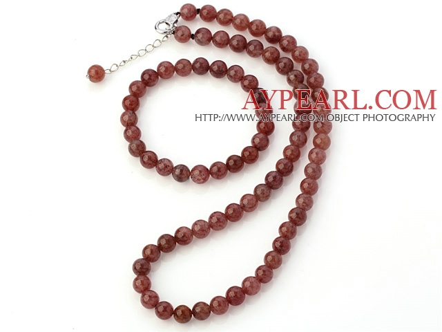 Pretty Natural 8mm Round Strawberry Quartz Beaded Necklace With Matched Elastic Bracelet Jewelry Set