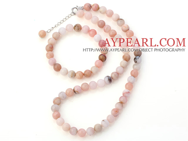 Pretty Natural 9mm Round Pink Opal Beaded Necklace With Matched Elastic Bracelet Jewelry Set
