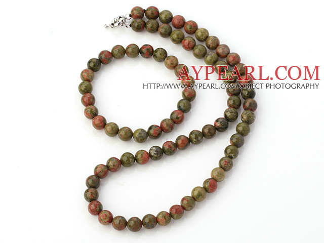 Pretty Natural 8mm Round Green Piebald Stone Beaded Necklace With Matched Elastic Bracelet Jewelry Set