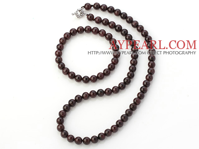 Pretty Naturlig En Grade 8mm Round Garnet Beaded halskjede med matchet Elastisk armbånd smykker Set