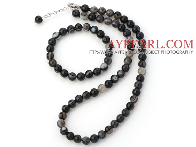 Charming Natural 8mm Round Eye Shape Agate Beaded Necklace With Matched Elastic Bracelet Jewelry Set