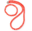Charming Natural 7mm Round Pink Coral Beaded Necklace With Matched Elastic Bracelet Jewelry Set