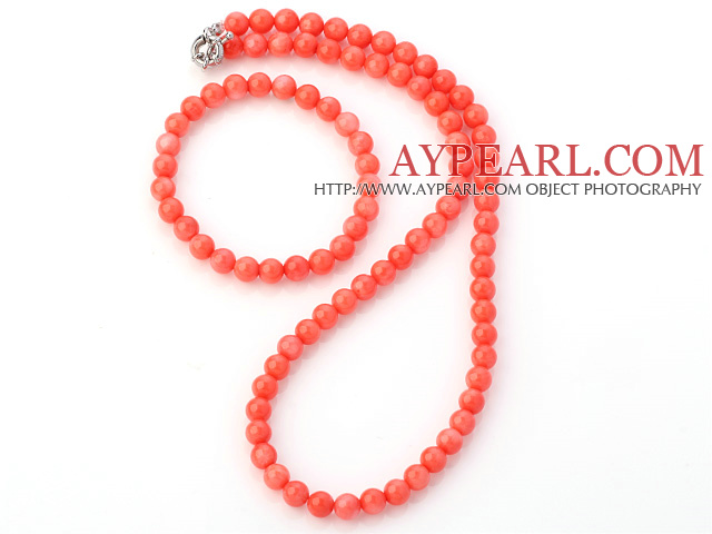 Charming Natural 7mm Round Pink Coral Beaded Necklace With Matched Elastic Bracelet Jewelry Set