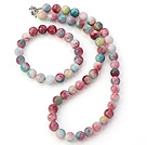 Charming Natural 10mm Round Watermelon Jade Beaded Necklace With Matched Elastic Bracelet Jewelry Set