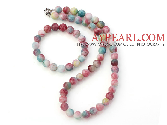 Charming Natural 10mm Round Watermelon Jade Beaded Necklace With Matched Elastic Bracelet Jewelry Set