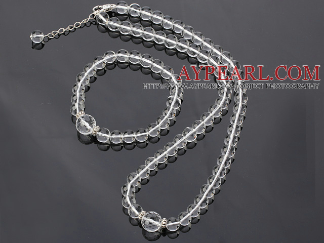 Nice Natural Round White Crystal Beaded Necklace With Matched Elastic Bracelet Jewelry Set