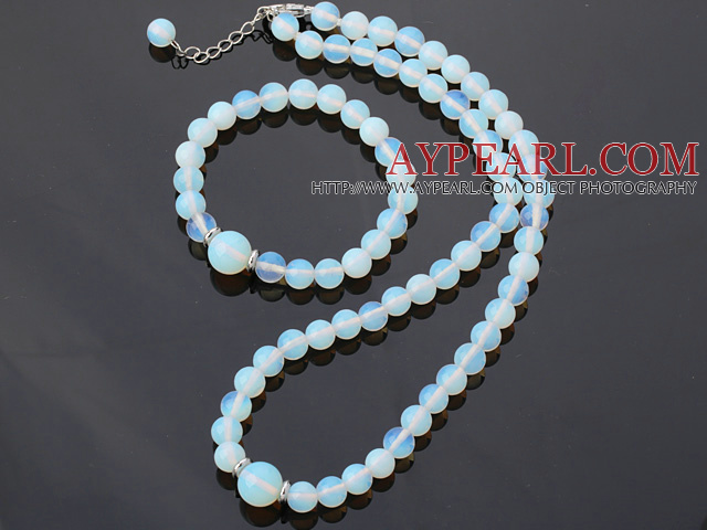 Nice Natural Round White Blue Opal Beaded Necklace With Matched Elastic Bracelet Jewelry Set