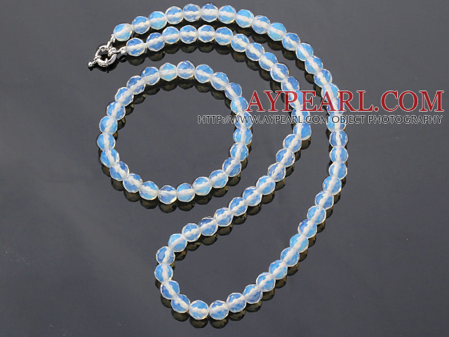 Fashion 7mm Round White Blue Opal Beaded Necklace With Matched Elastic Bracelet Jewelry Set