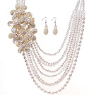 Fashion Multilayer Natural White Freshwater Pearl Crystal And Shell Flower Sets (Necklace With Matched Earrings)