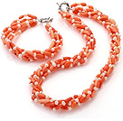 Fashion Multi Strands Twisted White Freshwater Pearl And Orange Coral Sets (Necklace With Matched Bracelet)