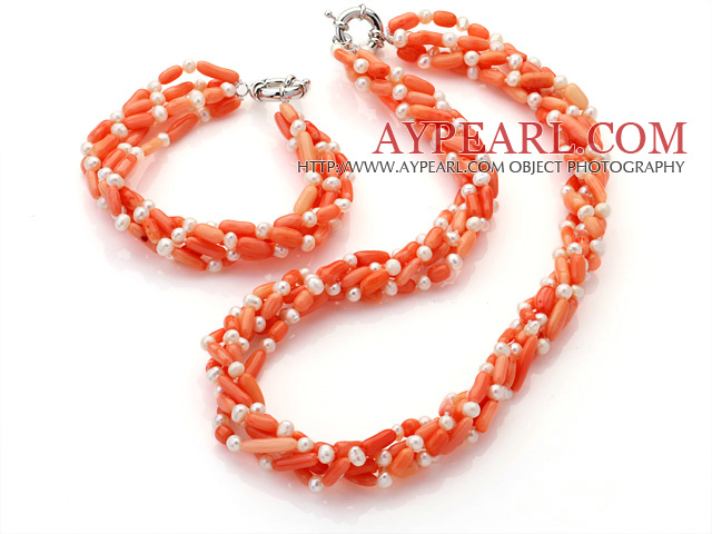 Fashion Multi Strands Twisted White Freshwater Pearl And Orange Coral Sets (Necklace With Matched Bracelet)