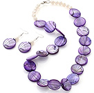 Fashion White Freshwater Pearl And Purple Round Disc Painted Shell Sets (Necklace With Matched Earrings)