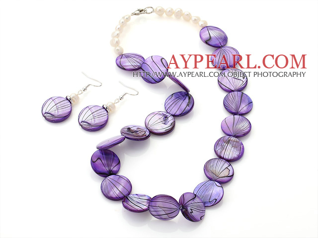 Seturi Shell moda alb de apă dulce Pearl și violet rotund disc pictat ( colier cu cercei potrivire )