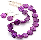 Fashion White Freshwater Pearl And Purple Round Disc Painted Shell Sets (Necklace With Matched Earrings)