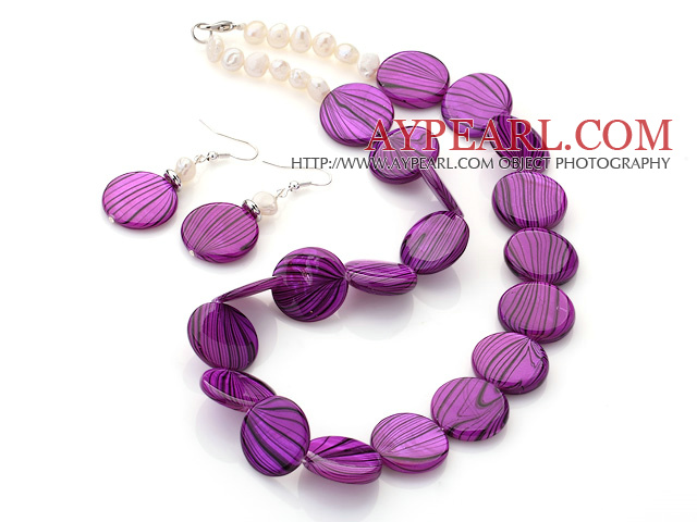 Fashion White Freshwater Pearl And Purple Round Disc Painted Shell Sets (Necklace With Matched Earrings)