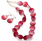 Fashion White Freshwater Pearl And Red Round Disc Painted Shell Sets (Necklace With Matched Earrings)