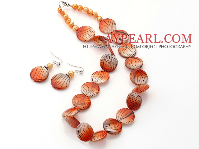 Fashion Orange Series Freshwater Pearl And Round Disc Painted Shell Sets (Necklace With Matched Earrings)