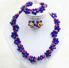 Fancy Style Blue Red Colored Crystal Flower Jewelry Set (Necklace With Mathced Bracelet And Earrings)