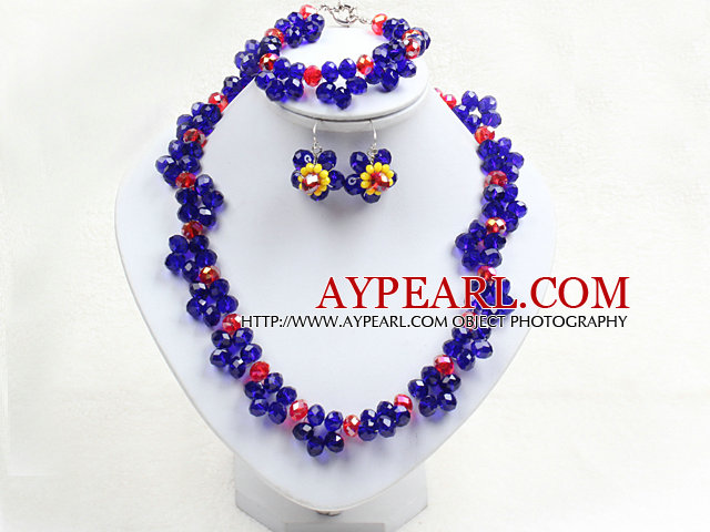 Fancy Style Albastru Roșu colorate floare de cristal Set bijuterii (colier cu bratara si cercei Mathced)