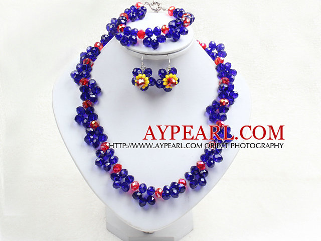 Fancy Style Blue Red Colored Crystal Flower Jewelry Set (Necklace With Mathced Bracelet And Earrings)