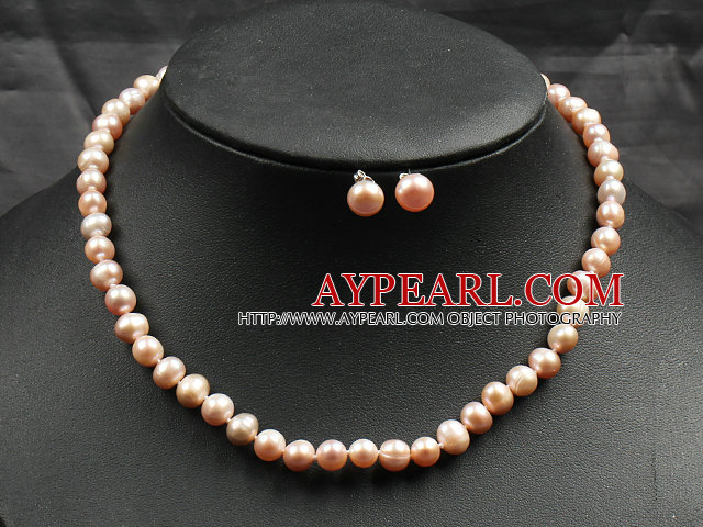 Pink Rise Pearl Necklace og matchet Studs øredobber Sets