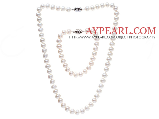 Fashion 8-9mm Natural White Freshwater Pearl Beaded Jewelry Sets (Necklace With Matched Bracelet, No Box)