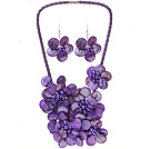 Fashion Natural Purple Series Shell Pearl Flower Sets (Purple Leather Necklace With Matched Earrings)