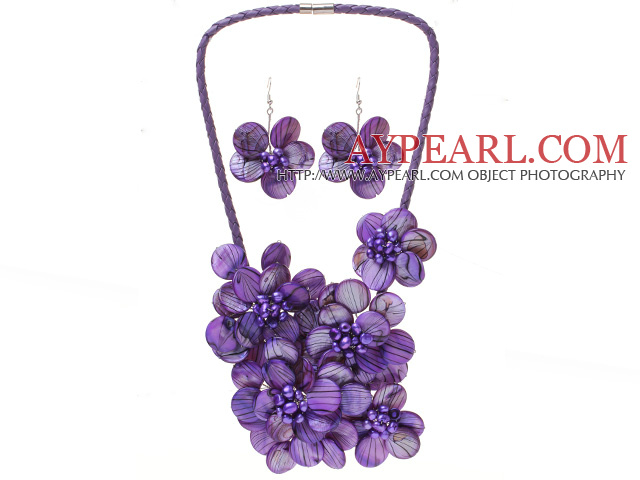 Fashion Natural Purple Series Shell Pearl Flower Sets (Purple Leather Necklace With Matched Earrings)