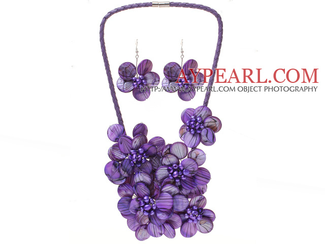 Jeux Série naturel pourpre Shell de mode de fleur de perle ( collier en cuir pourpre avec Assorti d'oreilles )