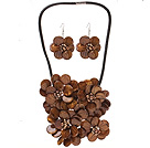 Fashion Natural Brown Series Shell Pearl Flower Sets (Black Leather Necklace With Matched Earrings)