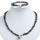 Classic Simple Design Potato Shape Ash Black Pearl Necklace & Bracelet Set With Heart Charm
