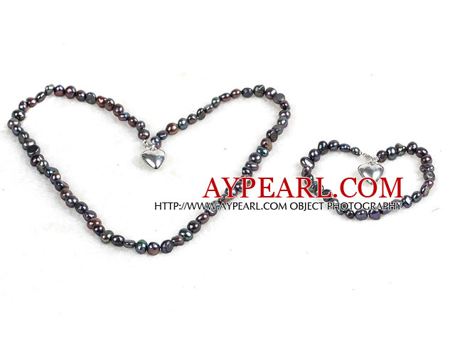 Classic Simple Design Potato Shape Ash Black Pearl Necklace & Bracelet Set With Heart Charm