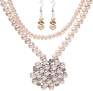 Fashion Natural White Süßwasser-Zuchtperlen Perlen -Sets ( Perle und Strass Anhänger Halskette mit pass Ohrringe)
