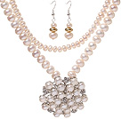 Fashion Natural White Freshwater Pearl Beaded Sets (Pearl And Rhinestone Pendant Necklace With Matched Earrings)