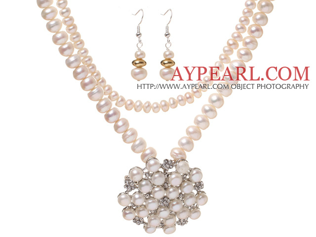 Mode Natural White Freshwater Pearl pärlstav Ställer ( Pearl och Rhinestone hängande halsband med matchande örhängen )