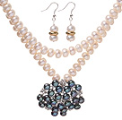 Fashion Natural White Ferskvann Pearl Beaded Stiller ( Black Pearl Og Rhinestone anheng halskjede med matchet øredobber )